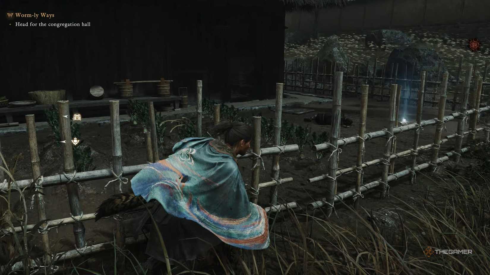 Musashi from Onimusha Way Of The Sword is standing in front of the fence at the first location for Worm-ly Ways quest.