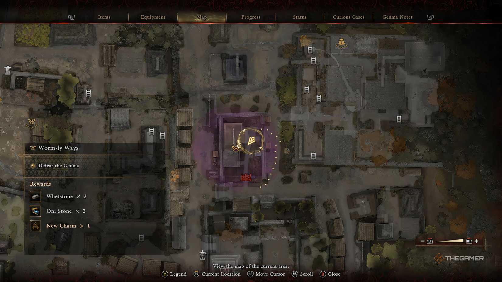 A map of Kyoto from Onimusha Way Of The Sword showing the location of the second area for the Worm-ly Ways quest.