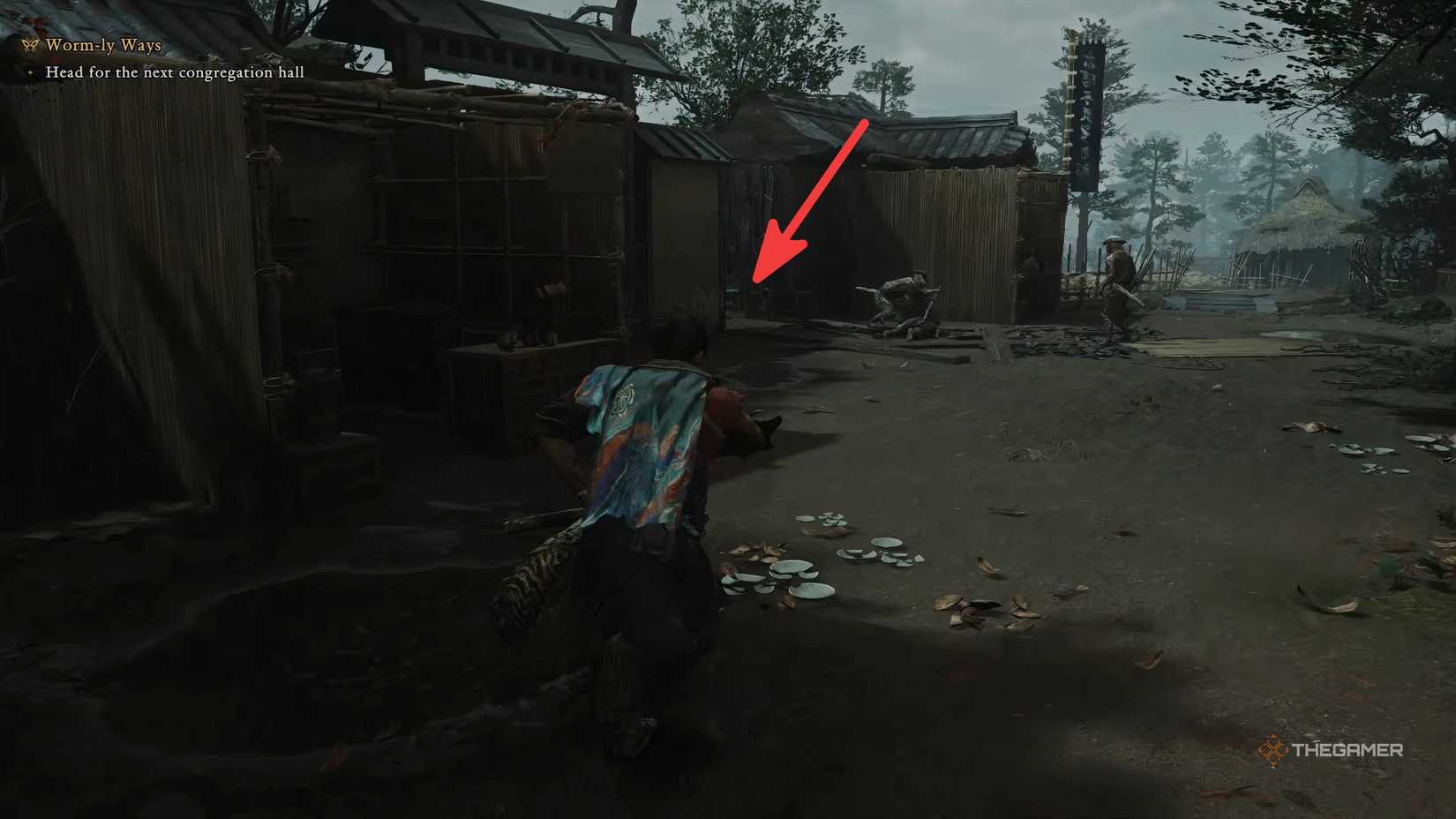 Musashi from Onimusha Way Of The Sword is looking at two Genma soldiers while a red arrow is pointing at the entrance on a gate.