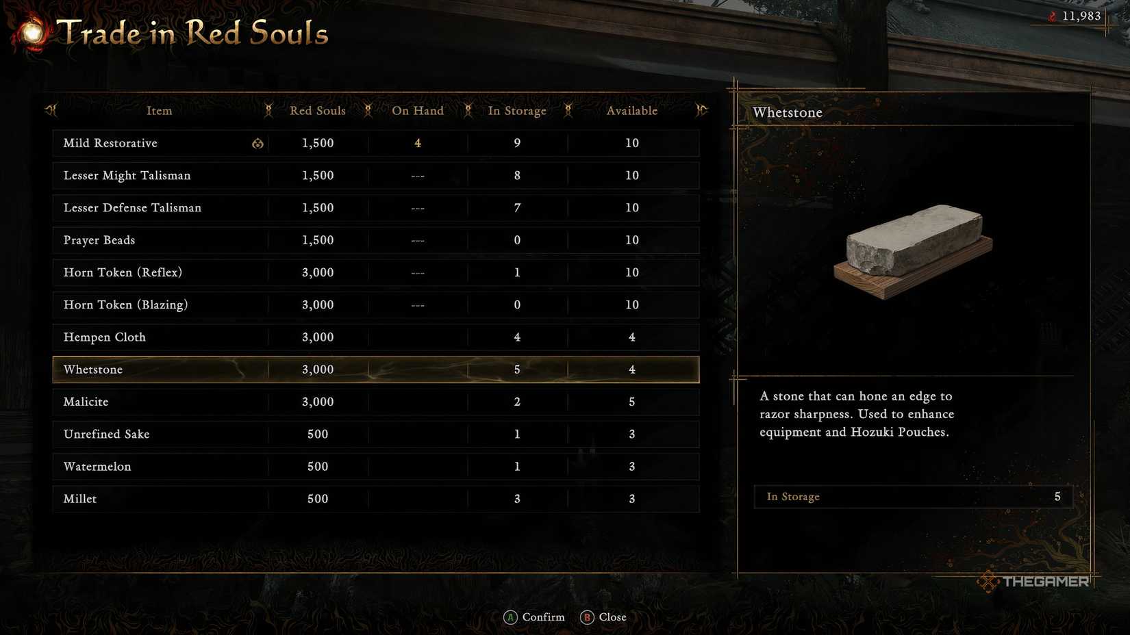 Yorimasa's Shop inventory screen from Onimusha Way Of The Sword.