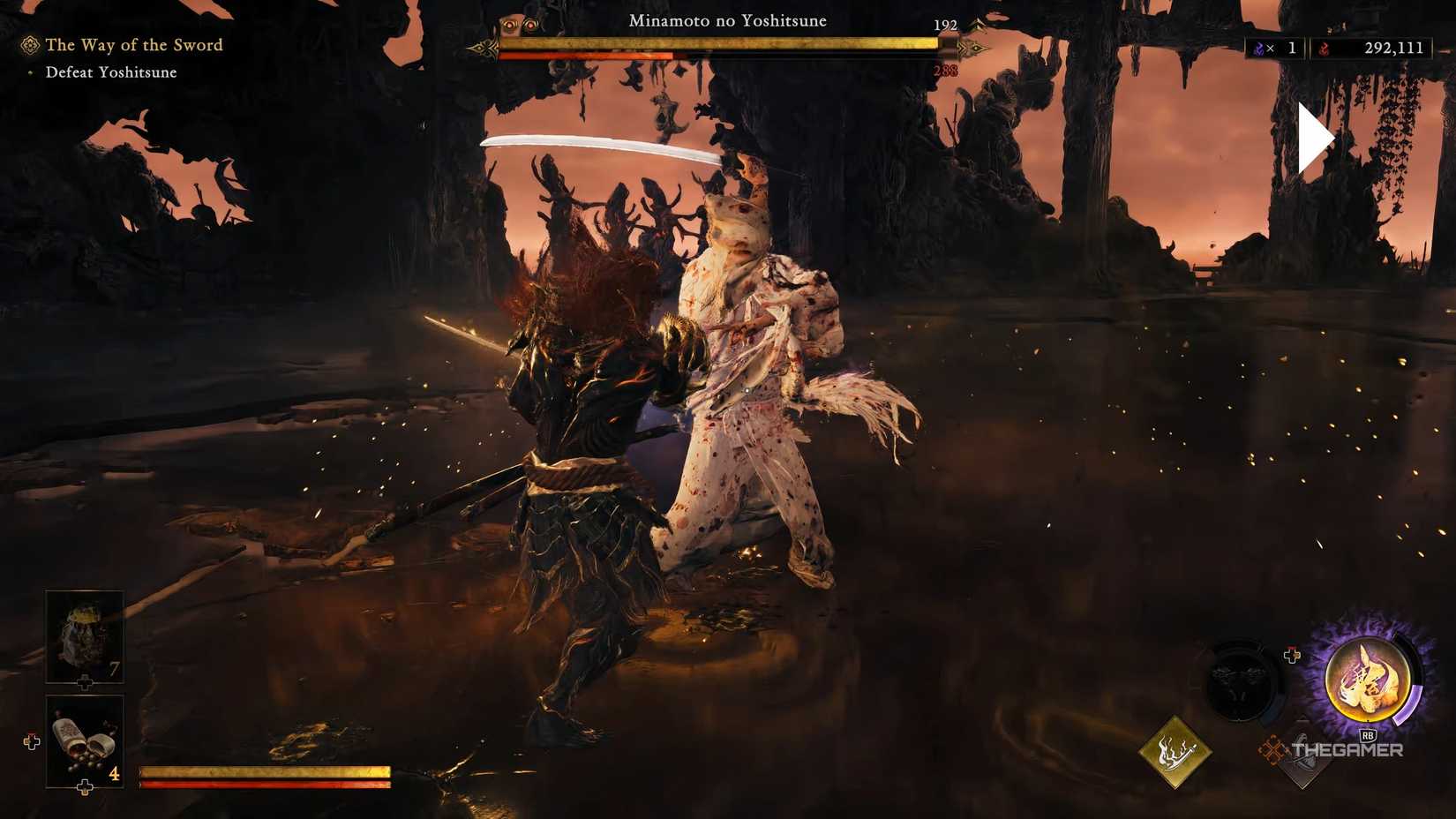 Yoshitsune from Onimusha Way Of The Sword is about to do a regular sword attack against Musashi who is in his demon form.