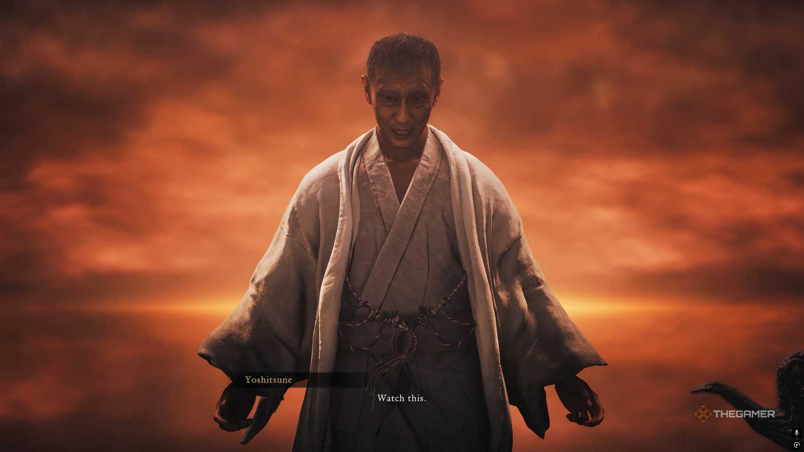 Yoshitsune from Onimusha Way Of The Sword is staring at the player and saying "Watch this".