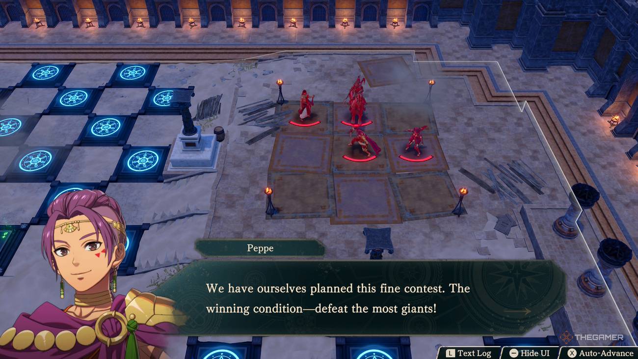 Peppe explaining the mechanics of a fight in Fire Emblem Fortune's Weave.