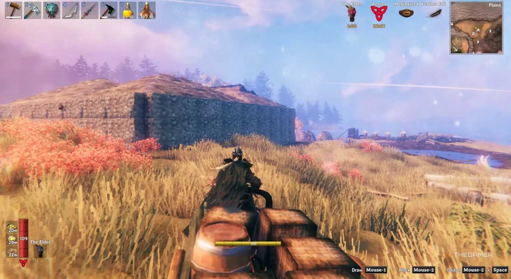 Player using the grappling hook in Valheim.