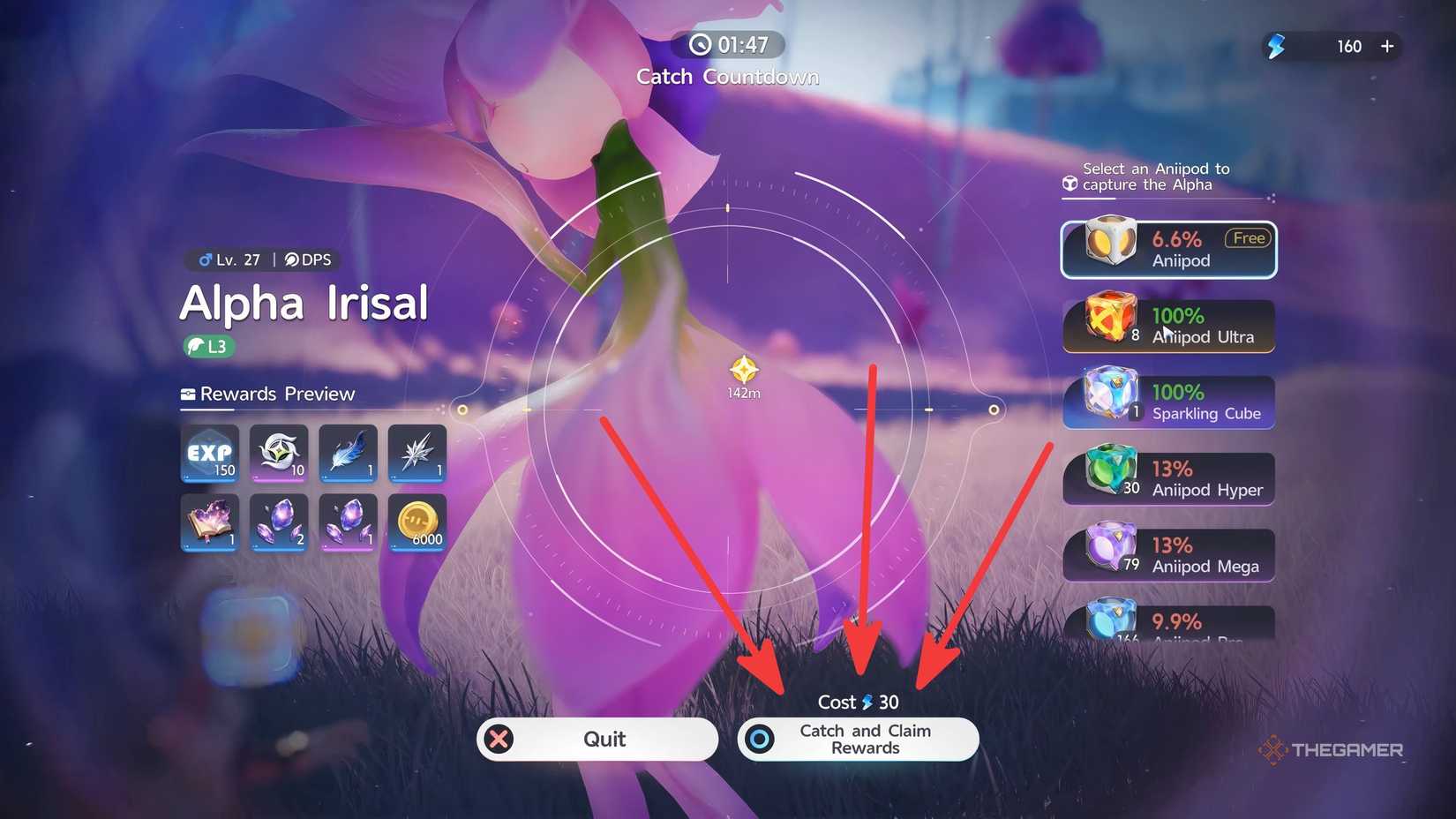 A defeated Alpha Aniimo is showing the rewards and giving the player an option to capture it using Primegy.