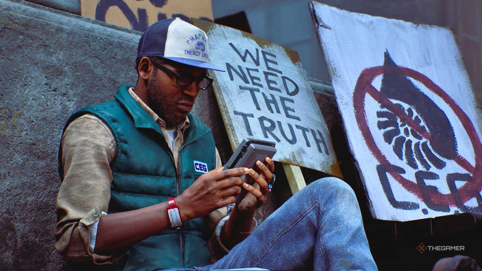 Simon looking down at a CRTV next to protest signs in Silent Hill Townfall.