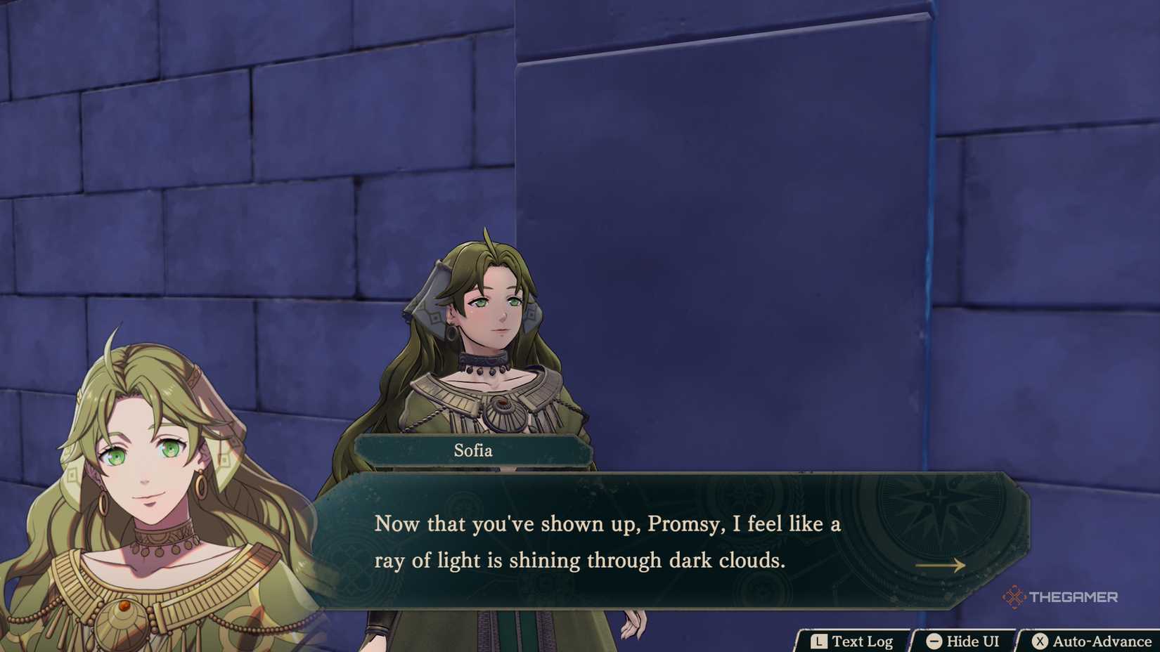 Sofia talking to Eshmel in Fire Emblem Fortune's Weave.