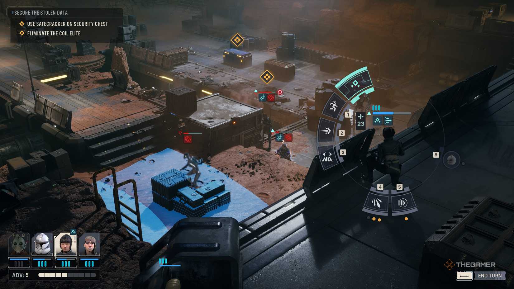 Star Wars Zero Company gameplay screenshot of character overlooking separatist droids.