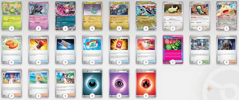 The basic Dragapult EX decklist including Dudunsparce, Munkidori, Fezendipity EX, Crispin, Crushing Hammer, and Risky Ruins.