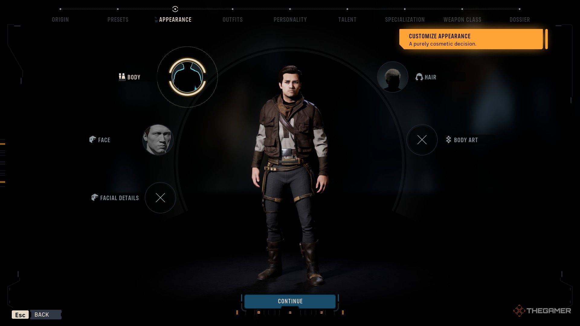 The character creation screen in Star Wars Zero Company, modded to have more options