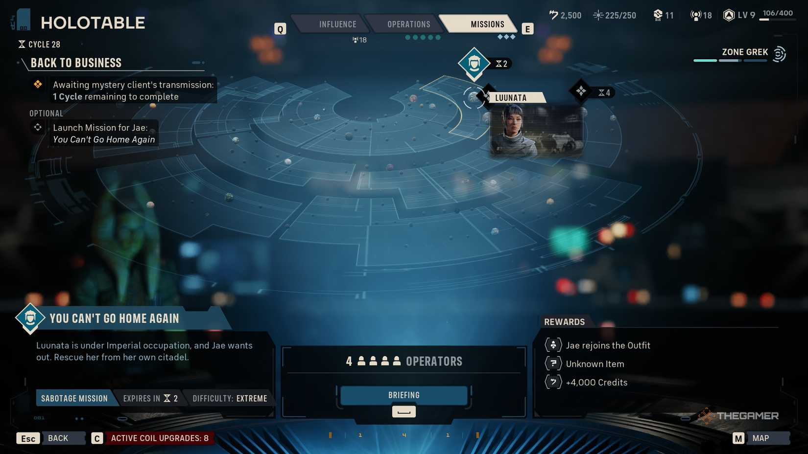 The holotable in Star Wars Zero Company, showing the player about to launch a mission called You Can't Go Home Again