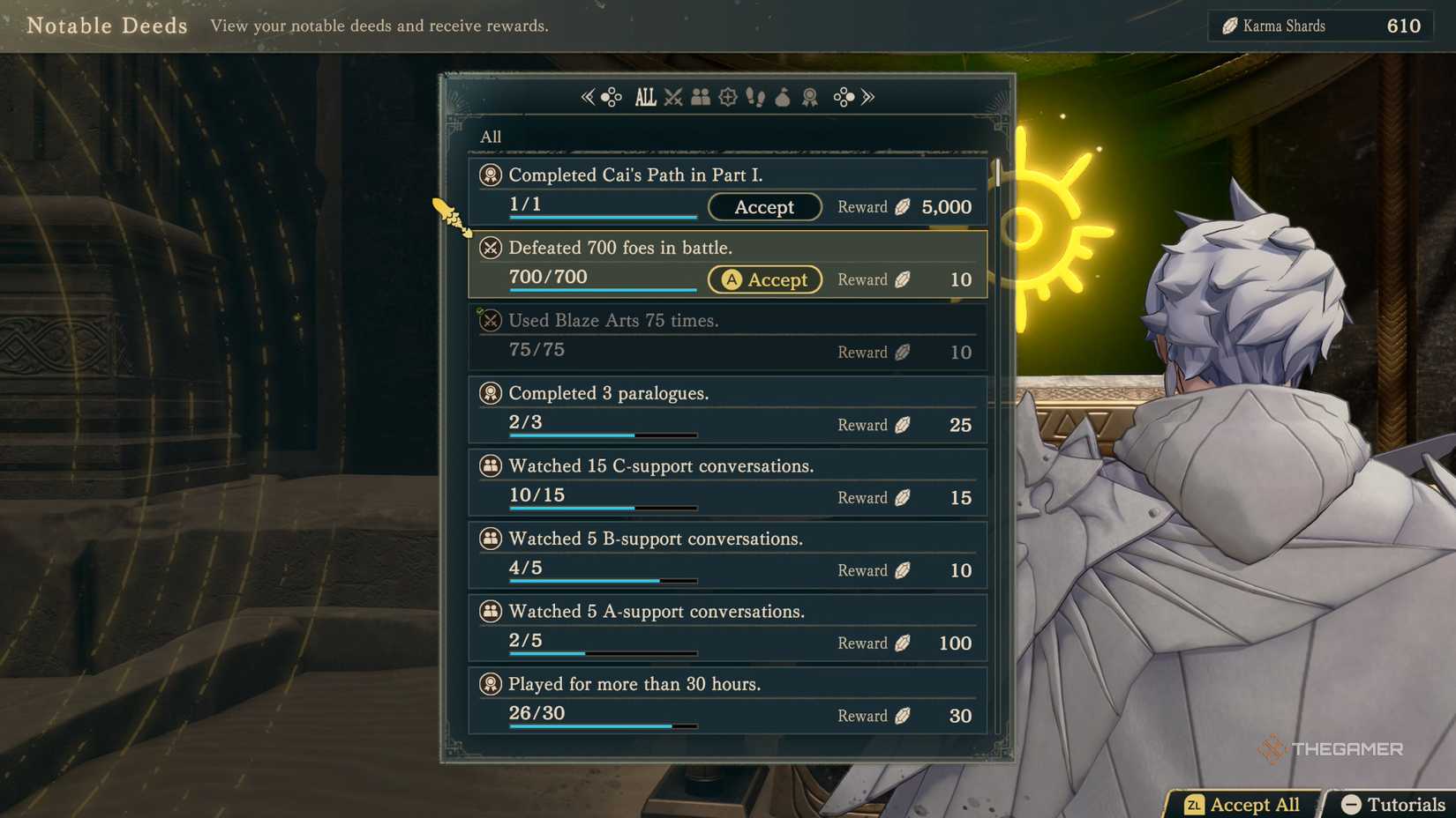 The Notable Deeds menu in Fire Emblem Fortune's Weave.