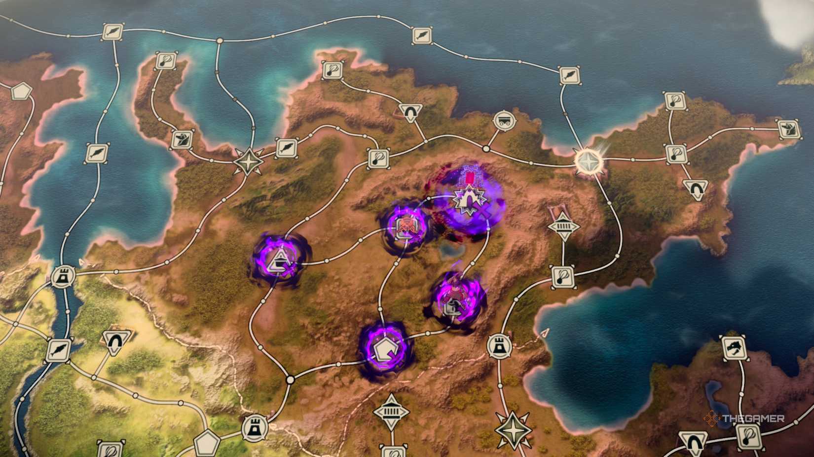 The world map with many nodes covered in miasma in Fire Emblem Fortune's Weave.