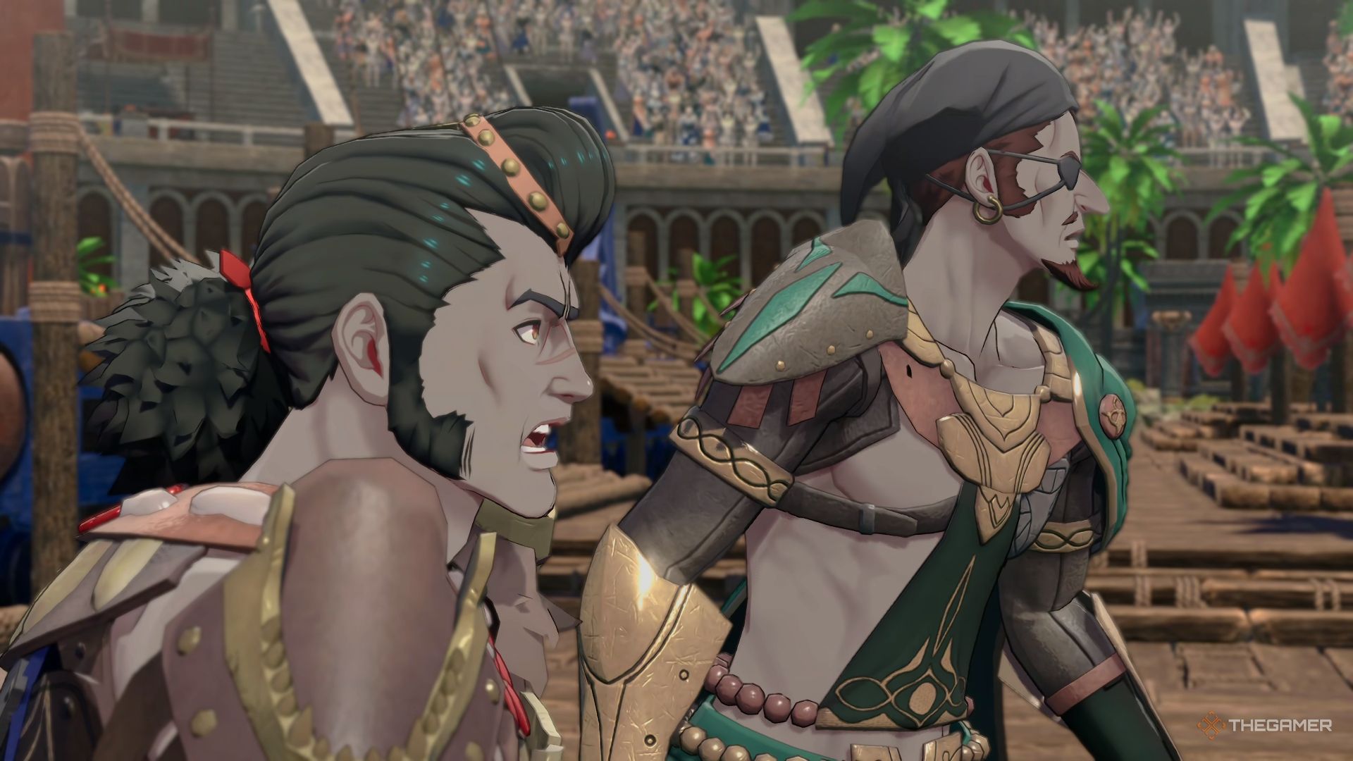 Tobias and Bonaventure looking shocked during a cutscene in Fire Emblem Fortune's Weave.