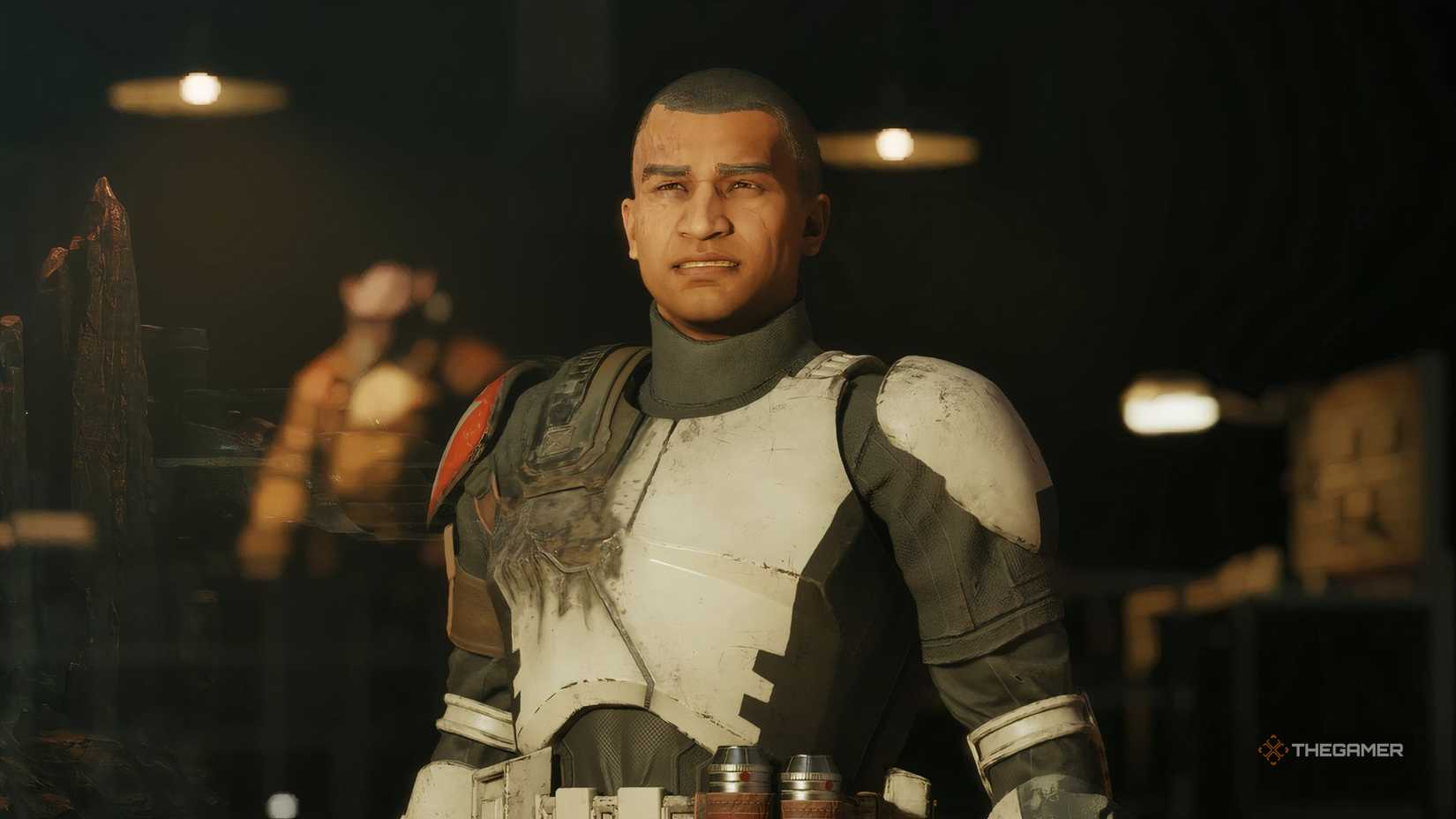 Trick, a clone trooper, wincing in Star Wars Zero Company.