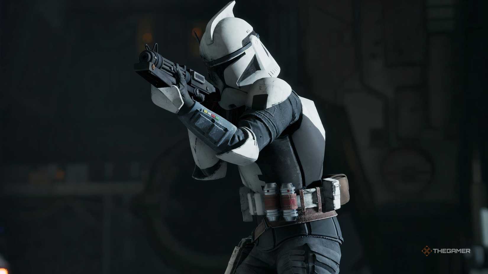 Trick in Star Wars Zero Company pointing a blaster while wearing clone trooper armour.