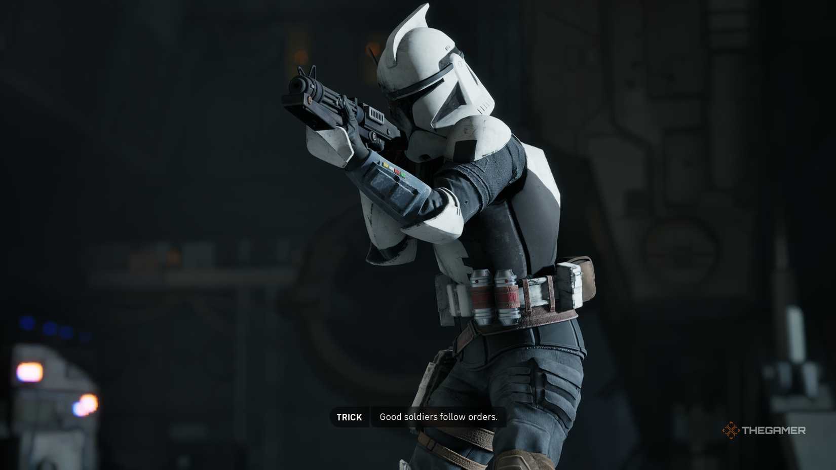 Trick pointing a gun in Star Wars Zero Company during Order 66. He is saying 'Good soldiers follow orders.'
