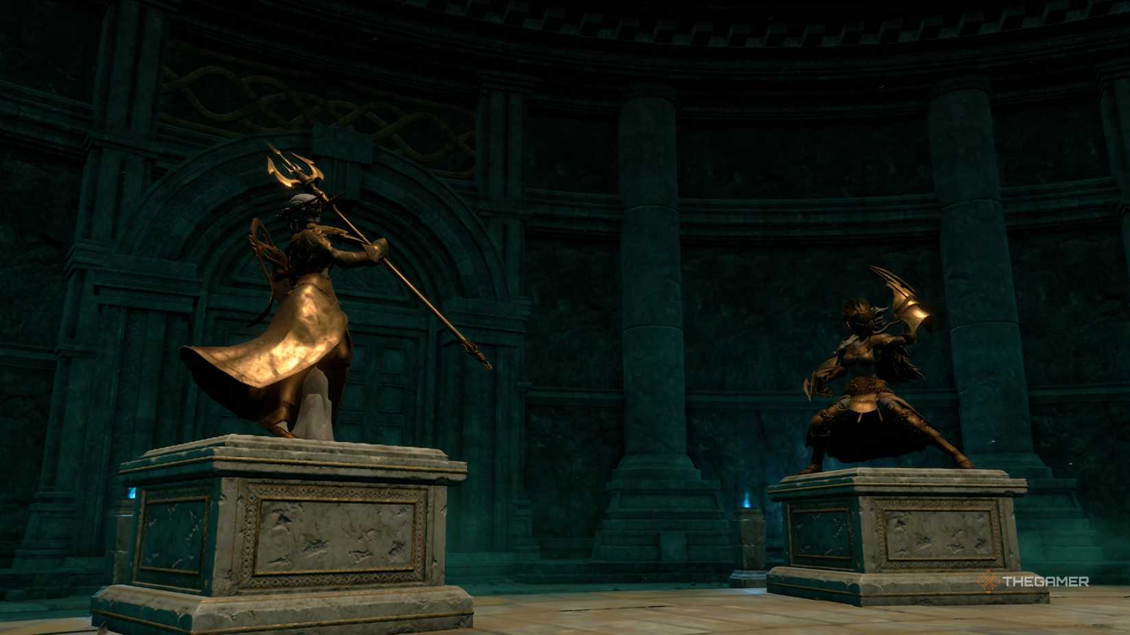 Two statues of the Divine Classes in Fire Emblem Fortune's Weave.
