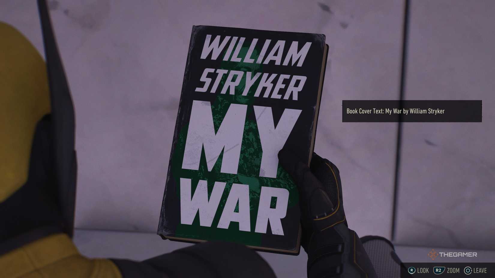 Wolverine holding a book titled My War written by Willaim Stryker.
