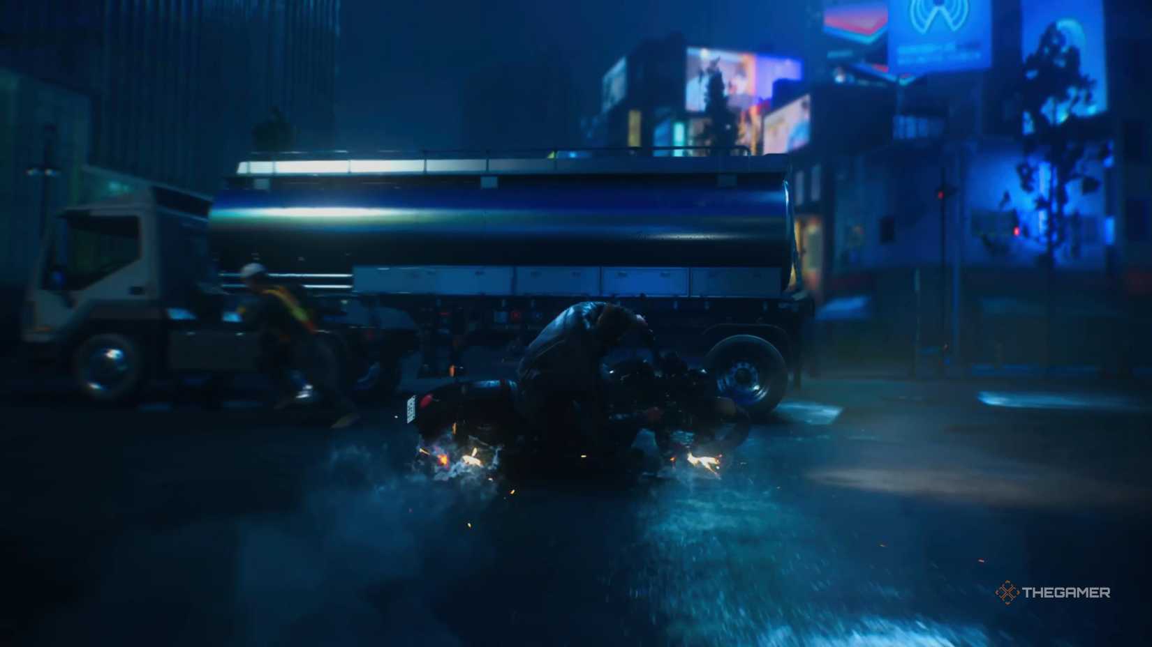 Wolverine doing the Akira Slide on a motorcycle under a truck in Marvel's Wolverine.