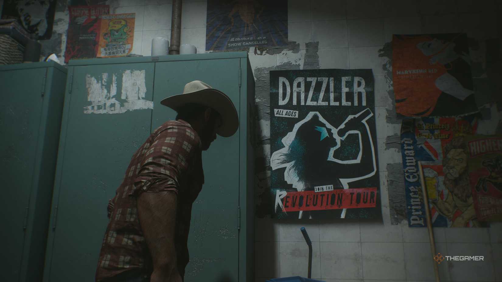 Wolverine looking at a poster for The Dazzler's Revolution Tour