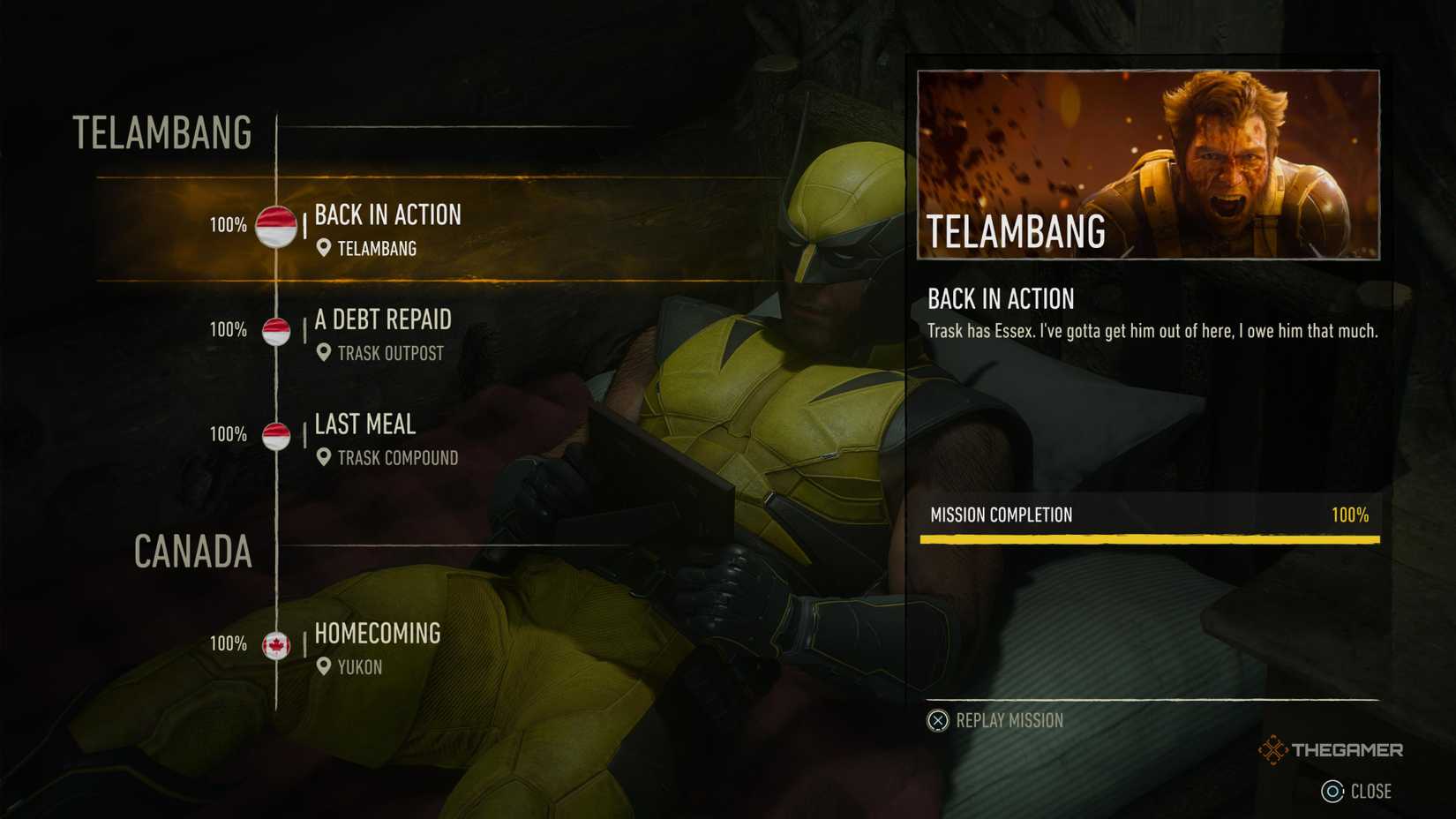 Wolverine looking at a picture while laying in bed behind the UI that lets players replay missions.