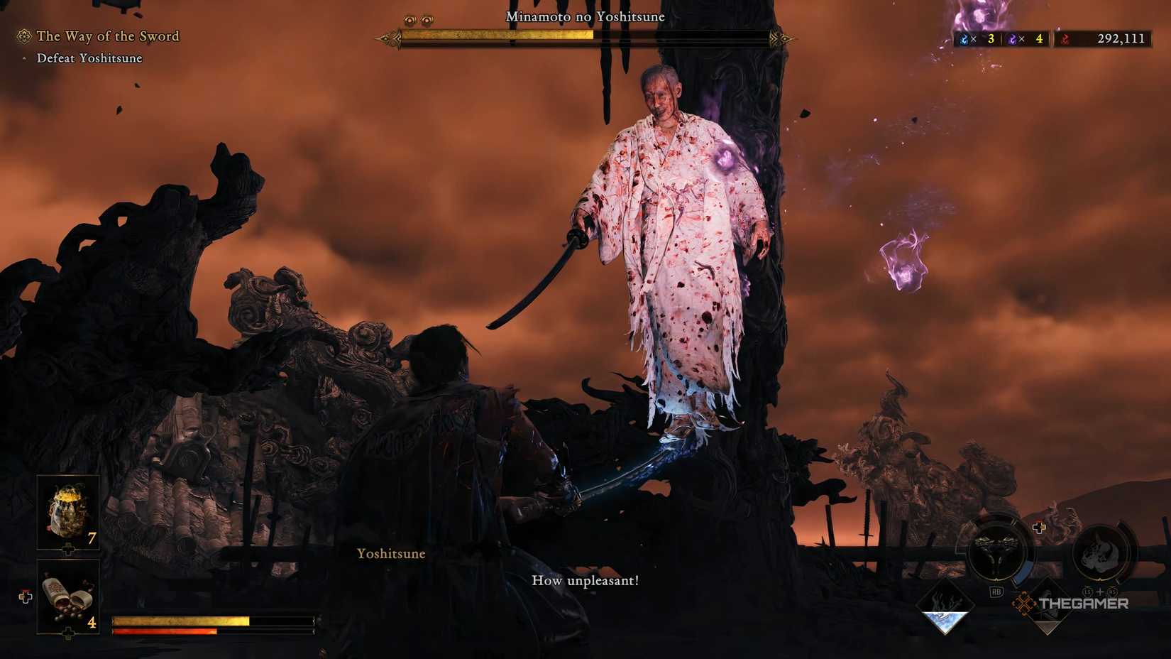 Yoshitsune from Onimusha Way Of The Sword is standing on Musashi's sword.