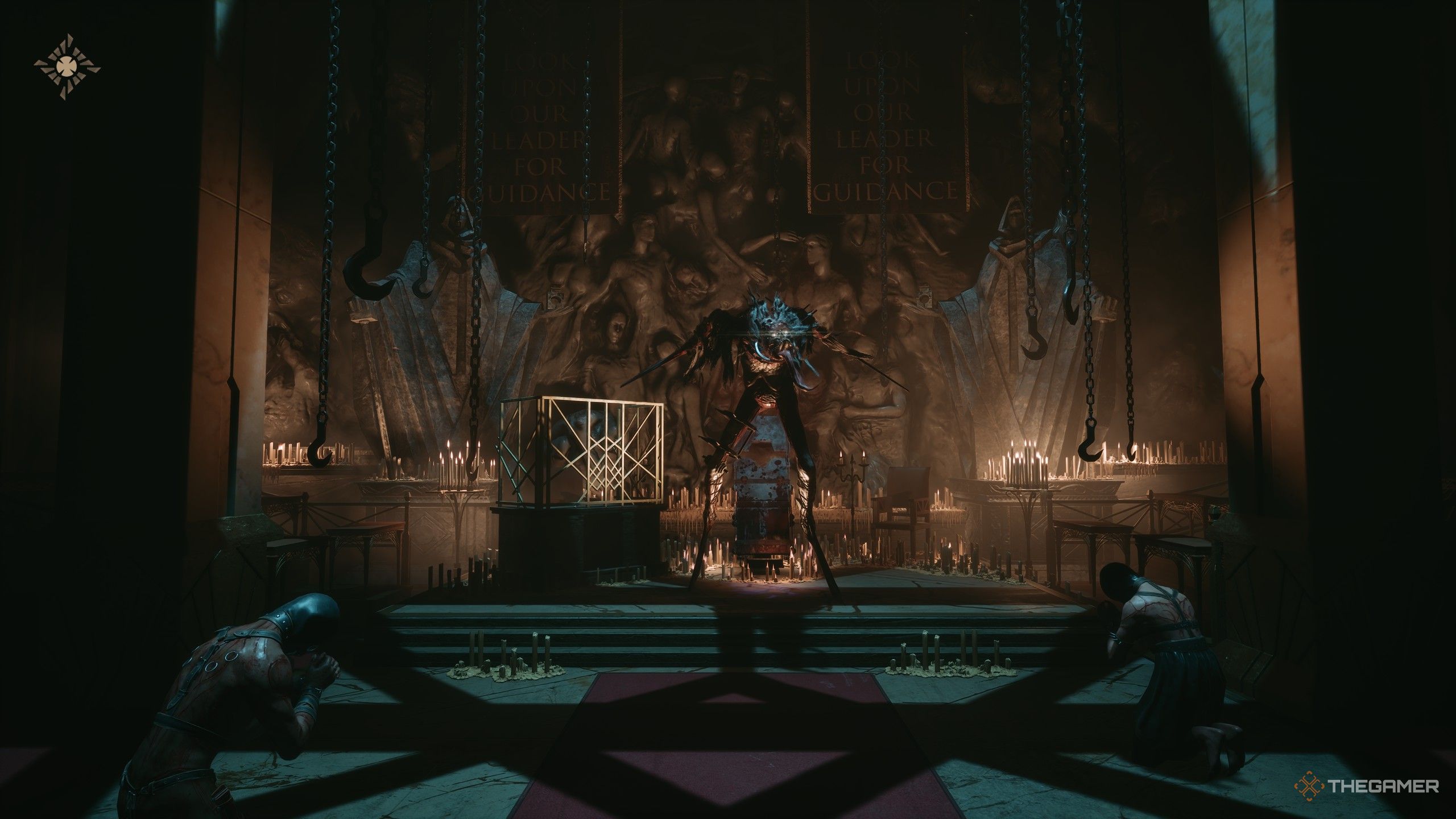 Pinhead and protagonist Aiden facing cultists in Hellraiser Revival
