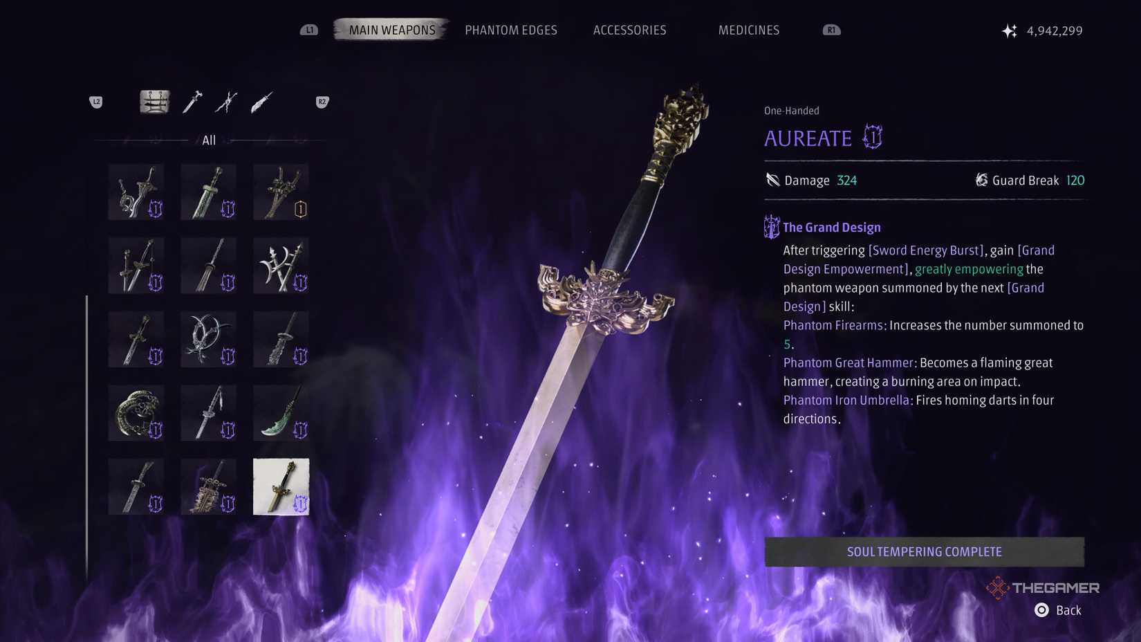 Schermata di potenziamento dell'Aureate in Phantom Blade Zero