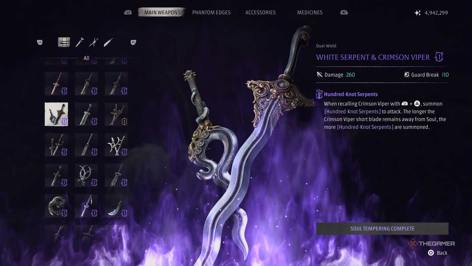 Schermata di potenziamento di White Serpent & Crimson Viper in Phantom Blade Zero
