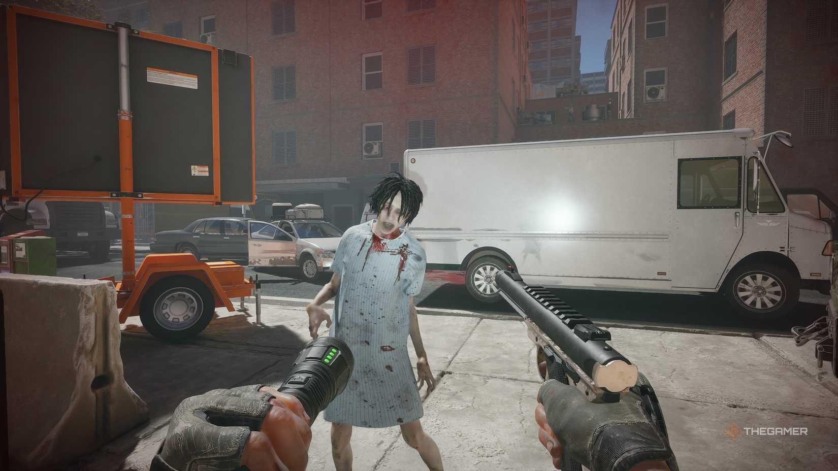 No more rom in hell 2 zombie wearing a hospital gown.