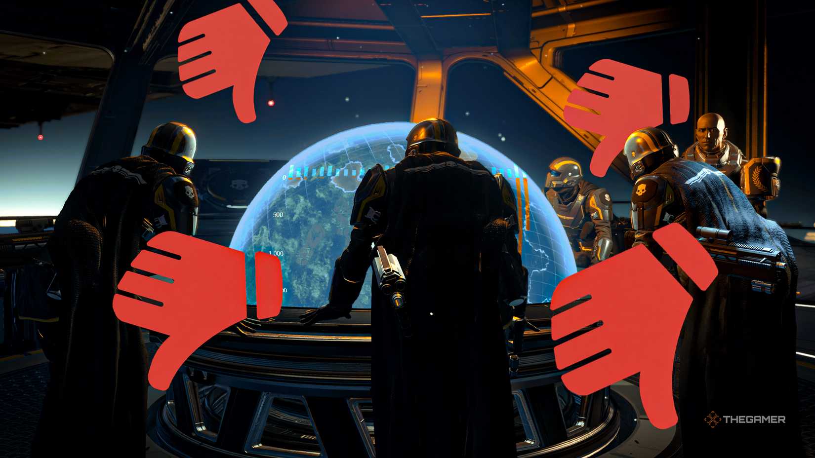 Helldivers gathered around a globe with the Steam review bomb campaign overlaid on top. Several red Steam thumbs pointing down are scattered around them.