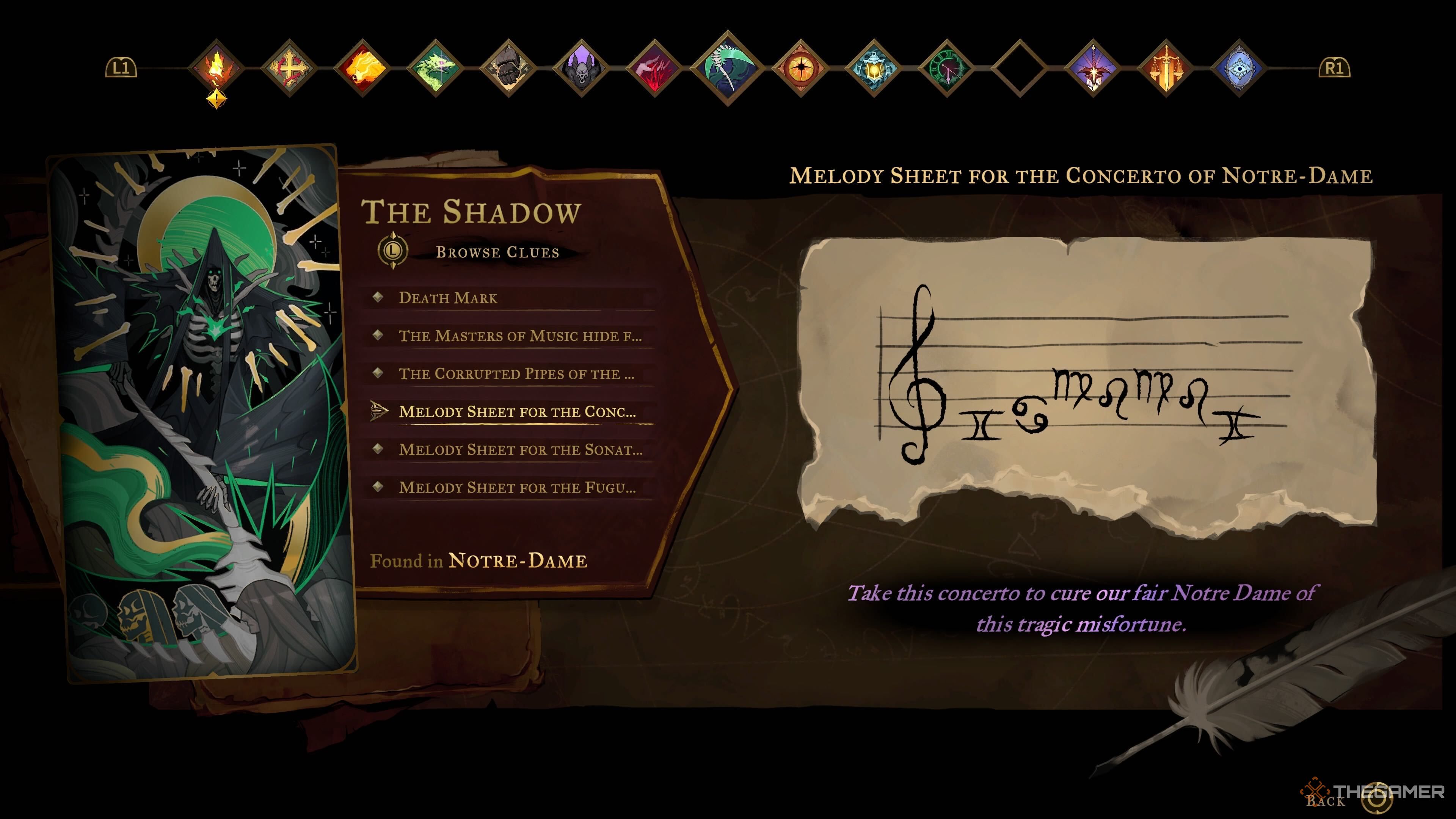 The first melody sheet for Notre Dame's Great Organ in Castlevania: Belmont's Curse.
