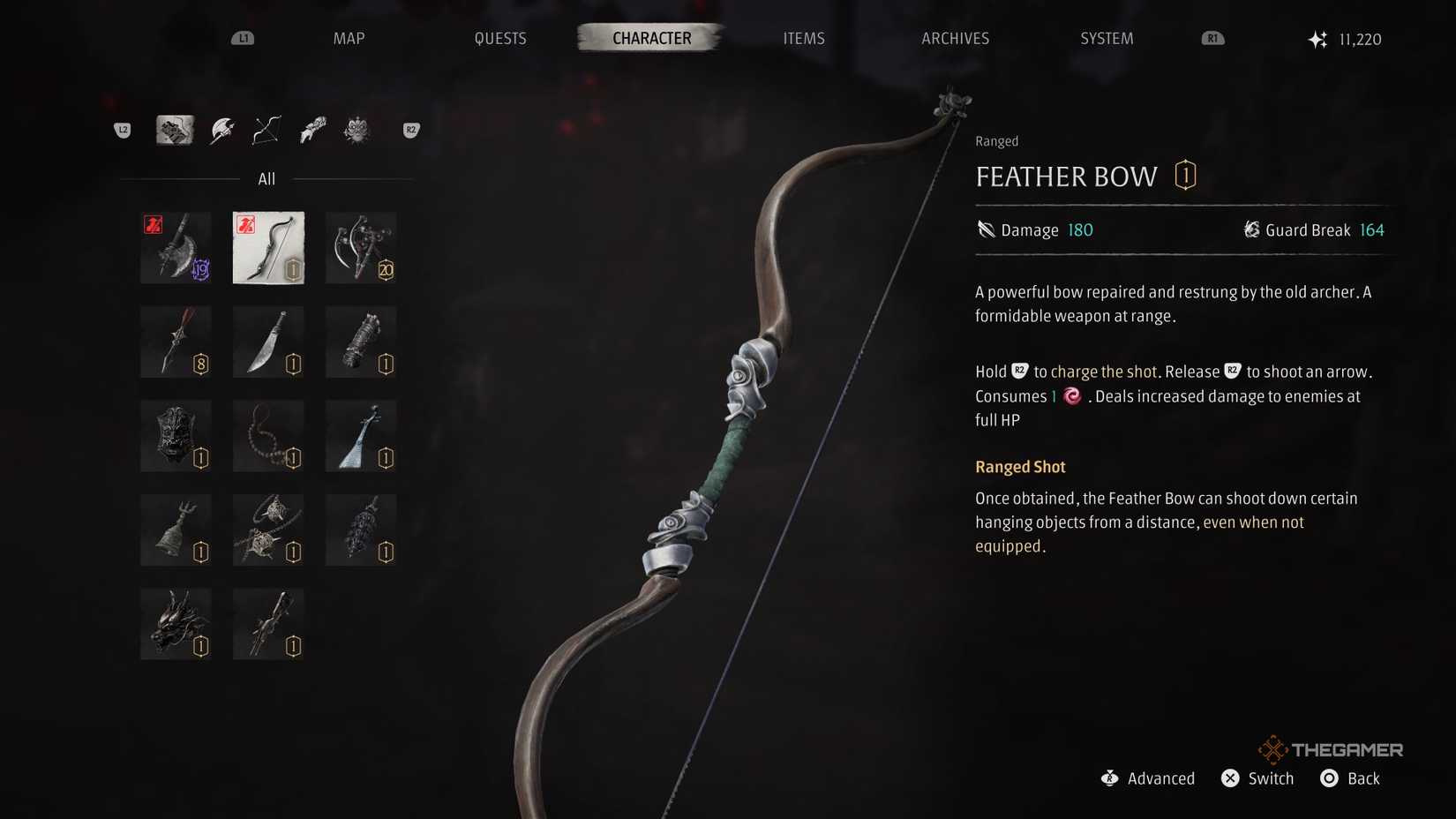 Schermata delle statistiche della Feather Bow in Phantom Blade Zero