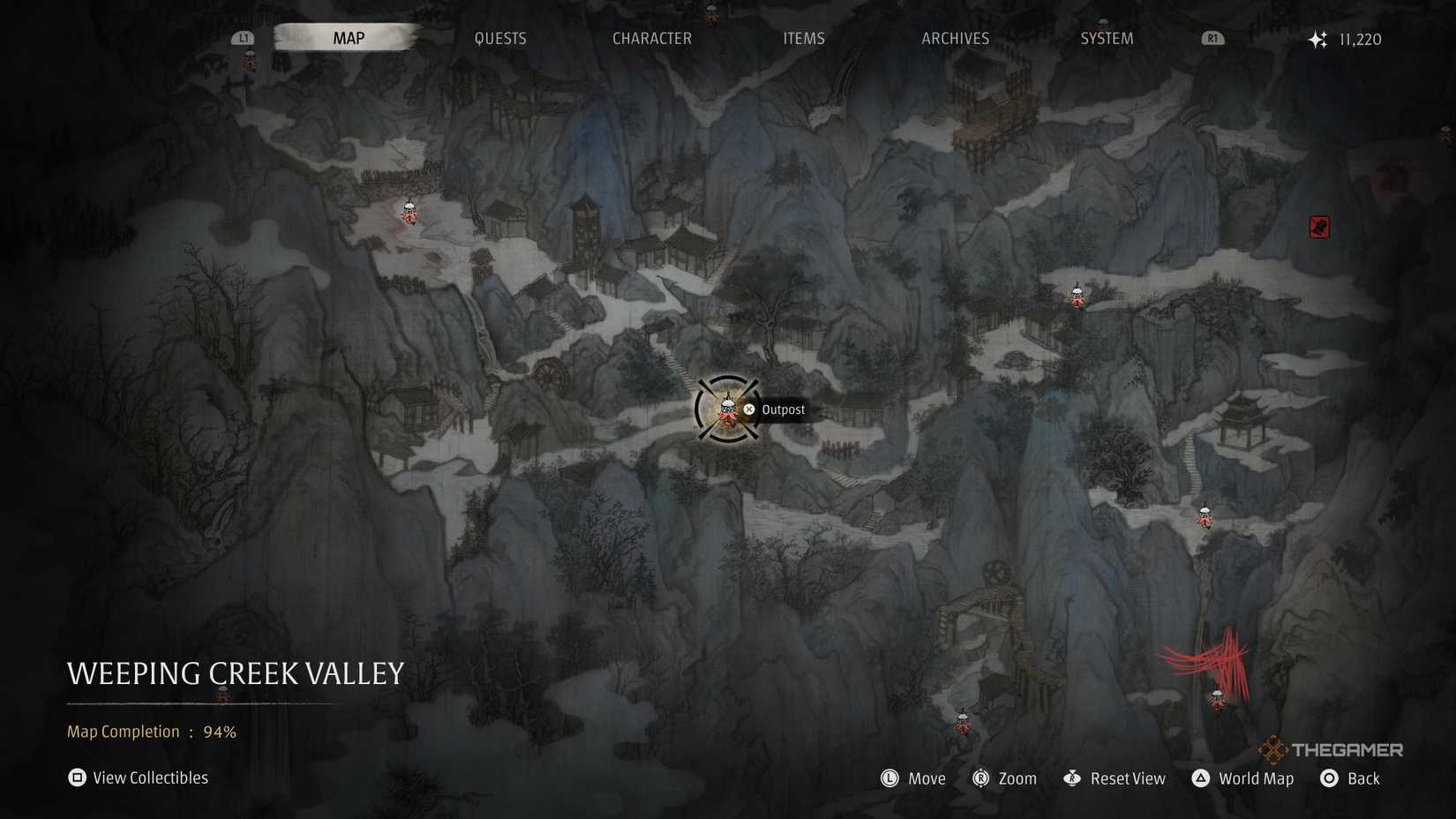 Mappa della Weeping Creek Valley con la campana dell'Outpost in Phantom Blade Zero