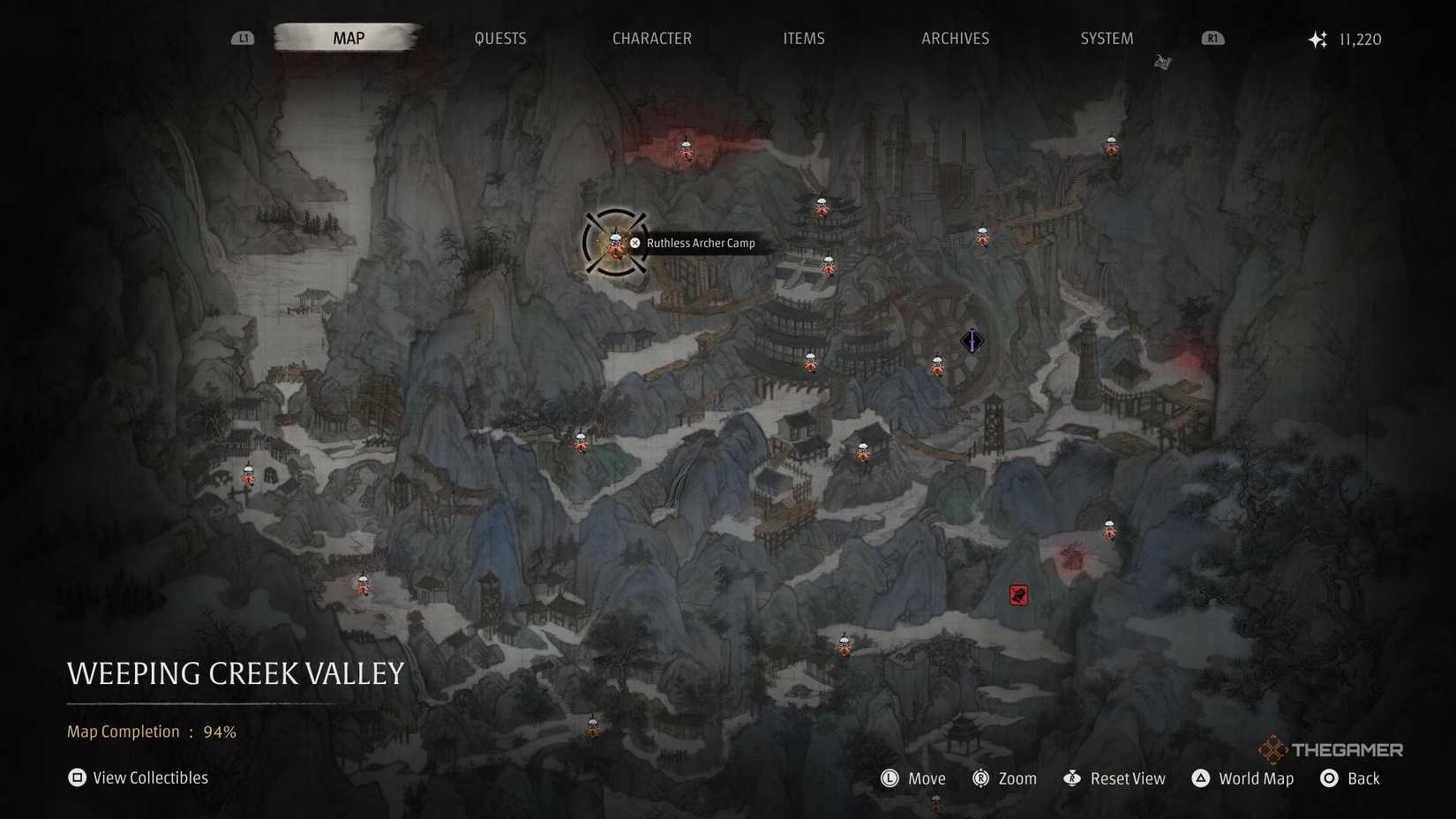 Mappa della Weeping Creek Valley con il Ruthless Archer Camp evidenziato in Phantom Blade Zero