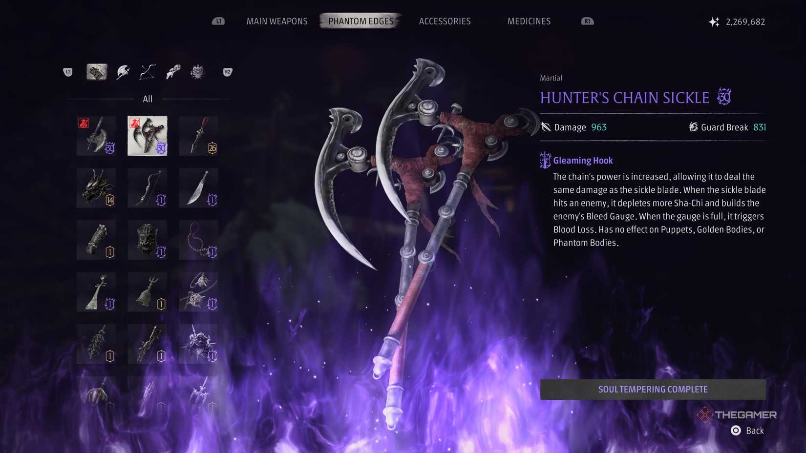 hunter's chain sickle phantom blade zero upgrade screen.