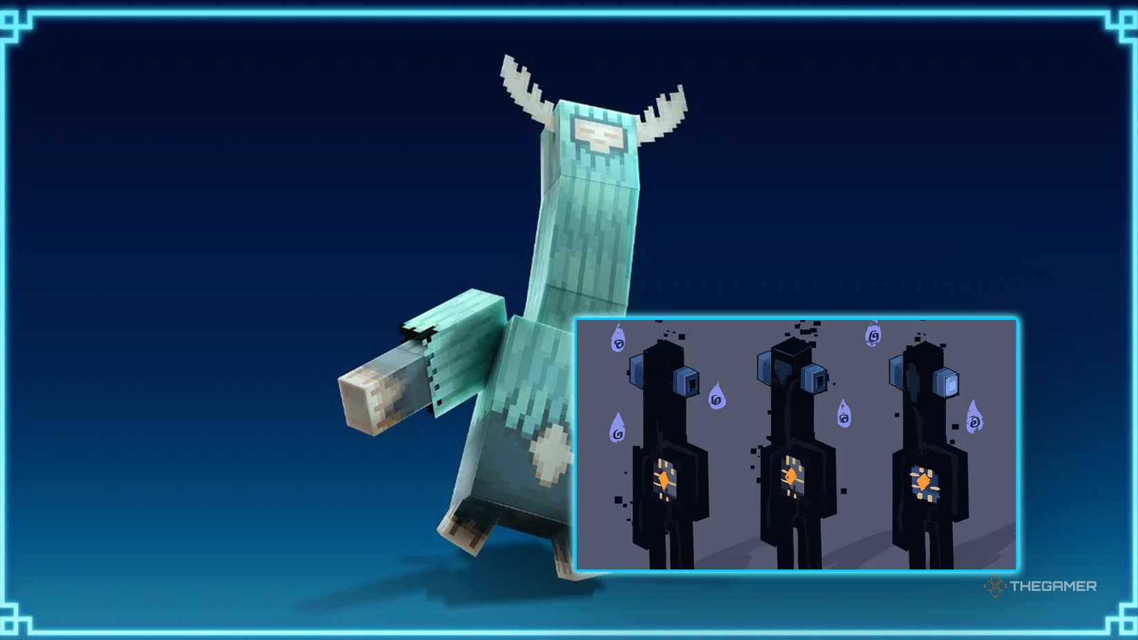 Minecraft Dungeons 2 Singer mob over a blue background, with the long-necked Warden concept art overlaid on top.